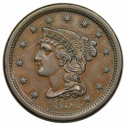 1854 Braided Hair Large Cent, N-19, R3, ex Grellman collection