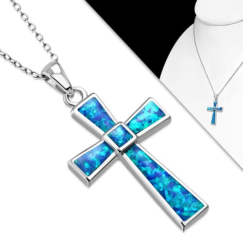 Collar colgante de cruz religiosa de ópalo azul simulado de plata de ley 925 - Imagen 2 de 11
