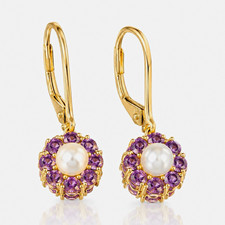 14K Yellow Gold Pearl & Amethyst Leverback Dangle Drop Earrings