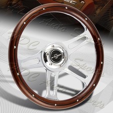 W-power 350mm 14 Dark Wood Grip 6-hole Chrome 4-spoke Vintage Steering Wheel