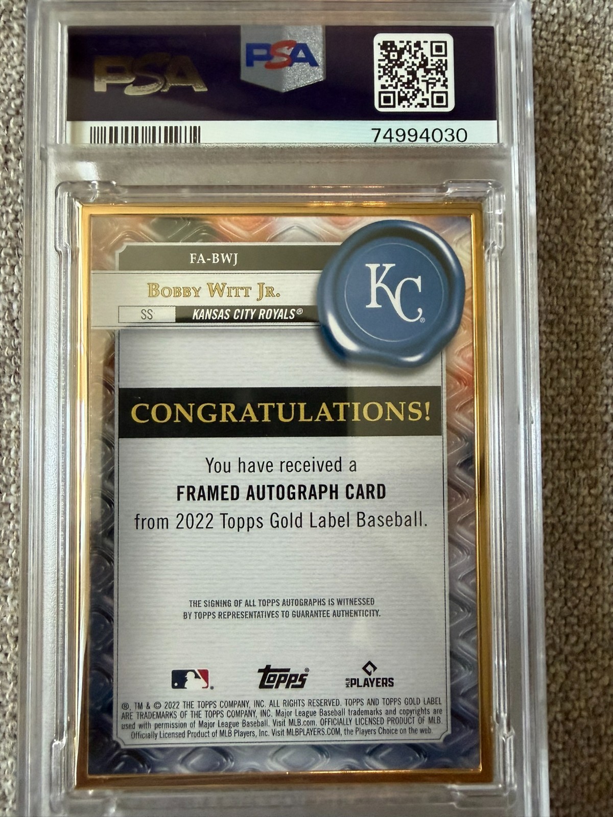2022 Topps Gold Label Bobby Witt Jr. /75 Black Auto PSA 9 /10 RC KC Royals POP 2 view 5