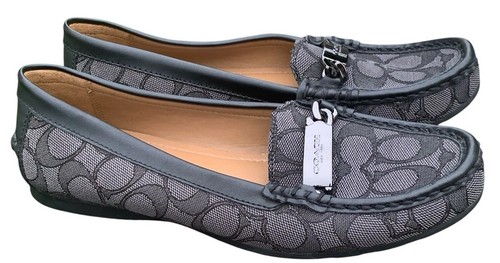 COACH Women 7.5 B Olive Monogram Signature Logo Loafers Shoes Black Gray Slip On