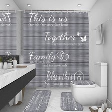 4Pcs Family Shower Curtain Sets with Non-Slip Rugs, Lid Cover and Bath Mat, G...