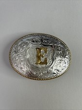 Crumrine Western Belt Buckle Gold Tone Initial Letter E Silver Rope Edge USA