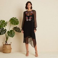 Boho Maxi Dress Multi Floral Mesh Shift Long Sleeve Embroidered Lined L