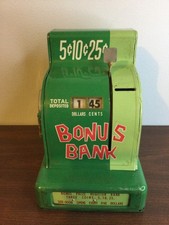RARE 1946 Vtg Bonus Bank Metal Toy Cash Register w/Flip Open Door Louis Marx