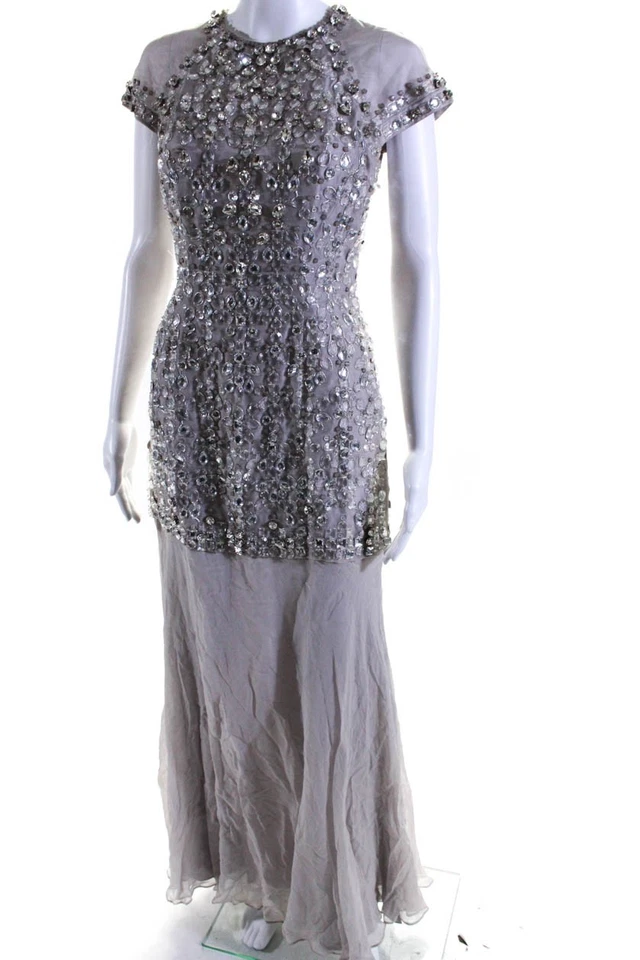 Женское длинное платье Jenny Packham без рукавов с украшениями на молнии сзади серое размер 4 - Изображение 2 из 4