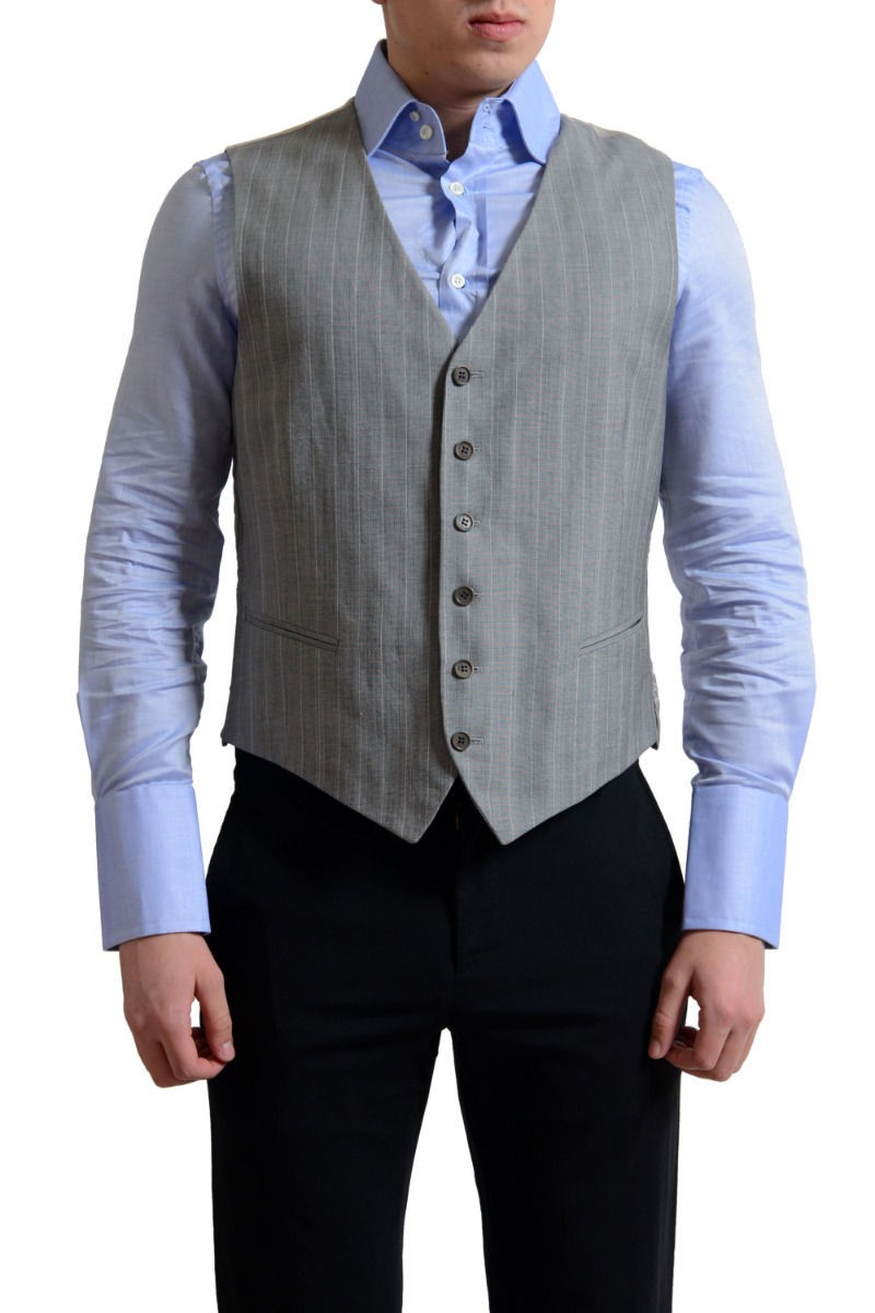 Gianfranco Ferre Mens Gray Striped Wool Button Down Vest US L IT 52 10090₽