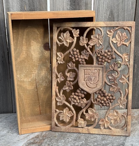 Piękne drewniane pudełko na wino Ernest i Julio Gallo rzeźbiony liść winorośli, 15x10x4 - Zdjęcie 2 z 10