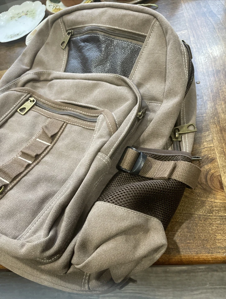 Canvas Backpack With Leather Trim Lots Of Pockets. Sturdy And Heavy Duty - Image 2 of 4