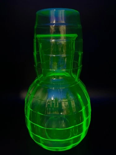 Anchor Hocking Uranium Glass Bedside Carafe and Cup Set Block Optic Tumble Up