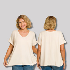 1X 2X 3X V Neck Soft Melange Hacci Tee T Shirt Folded Short Sleeve Loose Fit Top