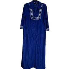 Vintage House Coat Medium Blue Full Zipper Embroidered Design Flared Sleeves