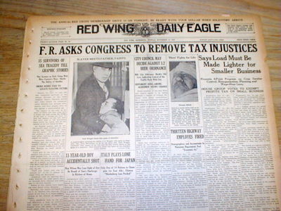 1937 newspaper PRESIDENT F D ROOSEVELT asks for a SMALL BUSINESS TAX REDUCTION