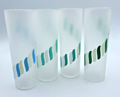 4~Vintage 7'' LIBBEY Frosted Candy Stripe Tom Collins Highball Glasses READ AS IS