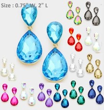 2" Long Pierced Drop Crystal Rhinestone Prom Wedding Earrings Cocktail Teardrop