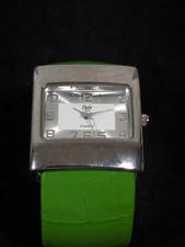 Silver Tone Dial Rectangle Case Green Hinge Open Cuff Band Watch 6 Inch