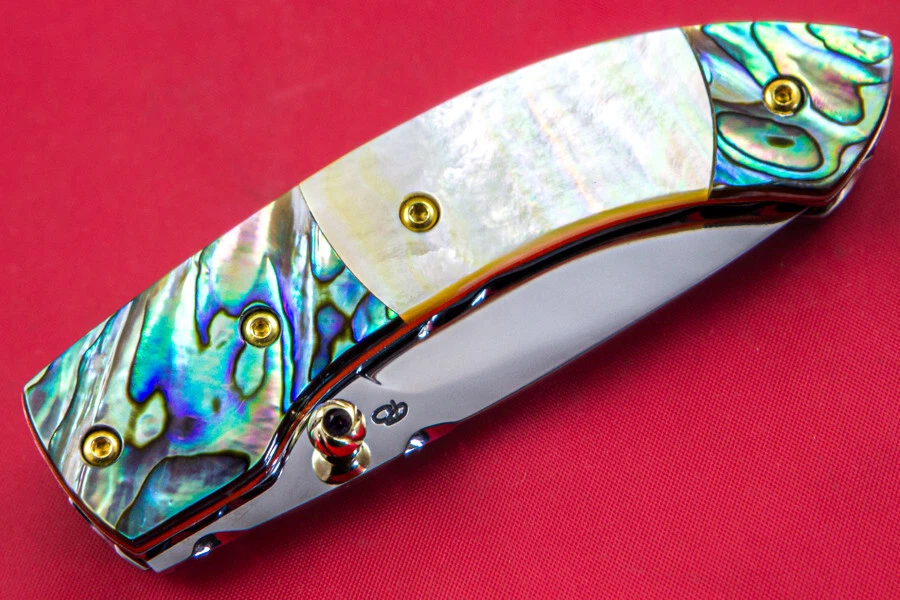 CUSTOM TS HANDMADE FOLDING KNIFE 440C DROP POINT YELLOW PEARL ABALONE AMETHYST - Image 3 of 4