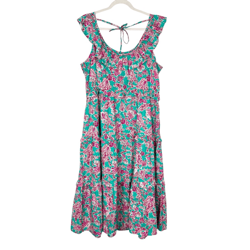 J. Crew Midi Dress 18 Plus Pink Teal Green Floral Ruffle Layered Cotton Tiered - Picture 4 of 17
