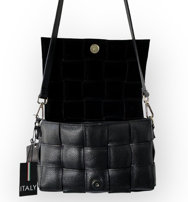 Viola Castellani Black Woven Leather Shoulder Crossbody Flap Bag New