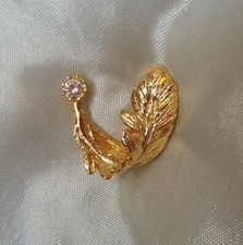 Vintage Elegant & Dainty Golden Feather Pin Featuring White Cubic Zirconia 