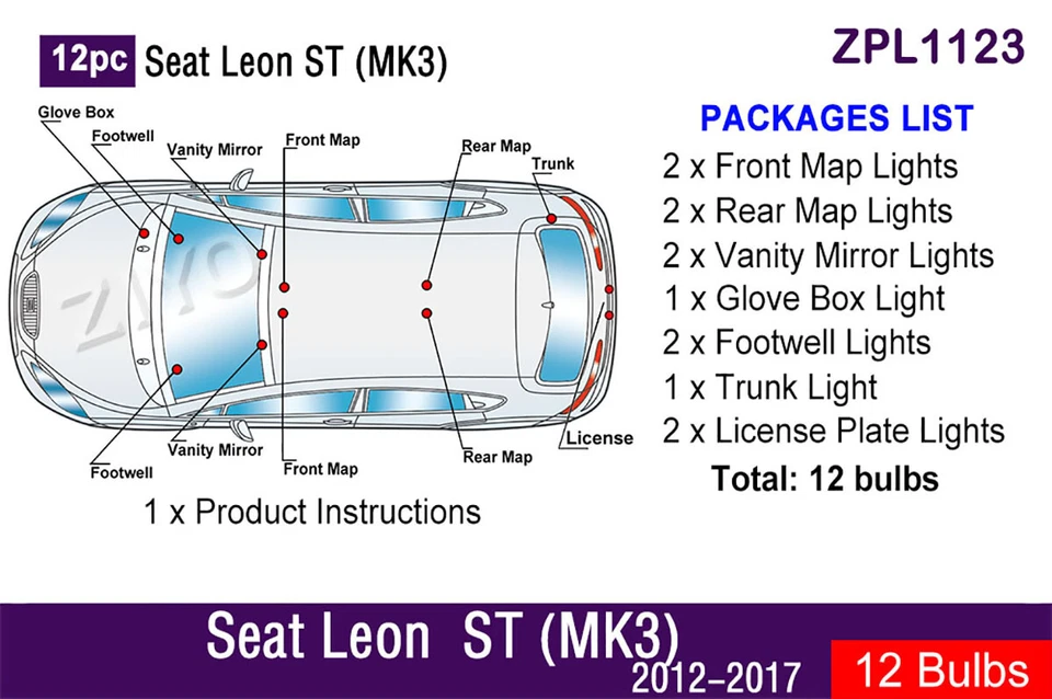 LED Light Bulbs Interior Dome Light White Kit For MK3 2012-2019 Seat Leon ST - Image 2 of 4