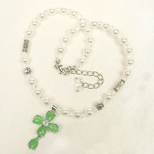 Pearl Beads with Rhinestone Cross Baptism Christening Communion Gift Necklace