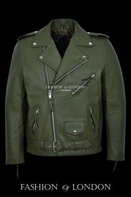 Neu BRANDO Herren Commando grün klassische Biker Rindsleder Echtleder Jacke MBF