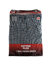 1 Pk Men's Premium Underwear 100 Cotton Black White Blue Plaid Boxer Shorts M