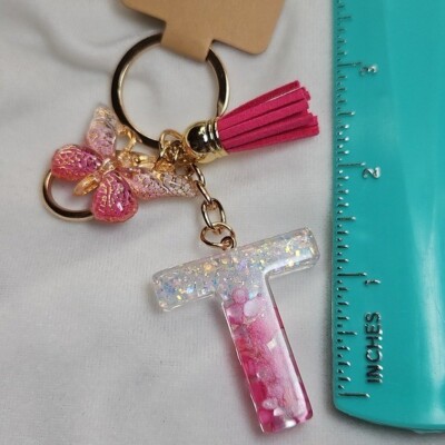 Initial Letter T Resin Pink Glitter Keychain Handbag Charm Purse