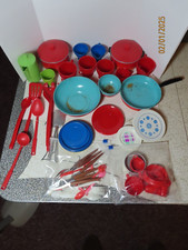 Vintage Plastic  Metal Kid's Child's plates bowls pans utelsils cups lot