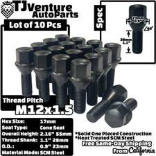 10Pc Black 12x1.5 17mm Hex Wheel Lug Bolts 28mm Shank Length Fit Cone Seat Wheel