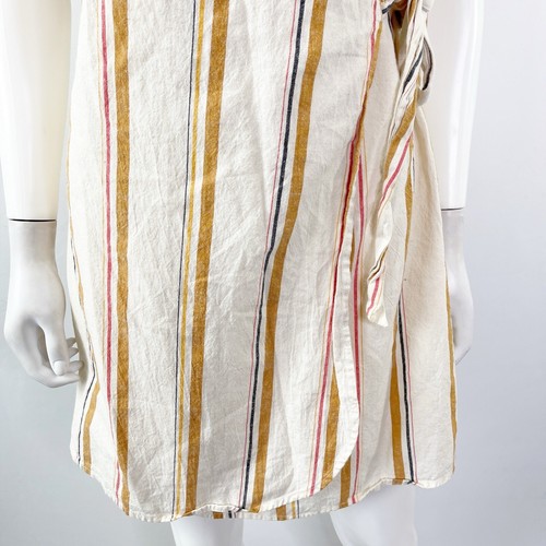 Billabong Tan Striped Mini Wrap Dress Size M Puff Sleeves Cotton Flax Beachy - Picture 5 of 9