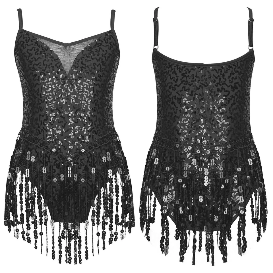 UK Girl‘s Shiny Sequins Mesh Latin Jazz Dance Dress Carnival Performance Costume - Image 4 of 4