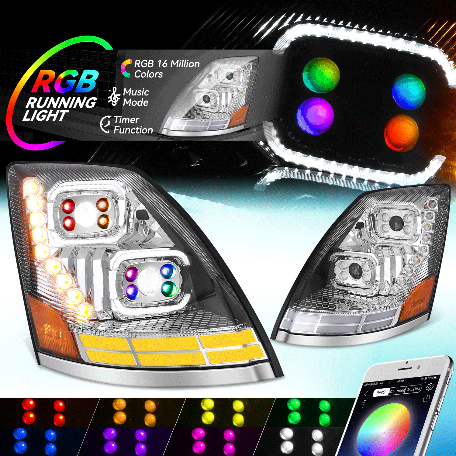 For 2018-2024 Volvo VN/VNL 300/400/430/630 Chrome/Amber LED Reflector Headlights