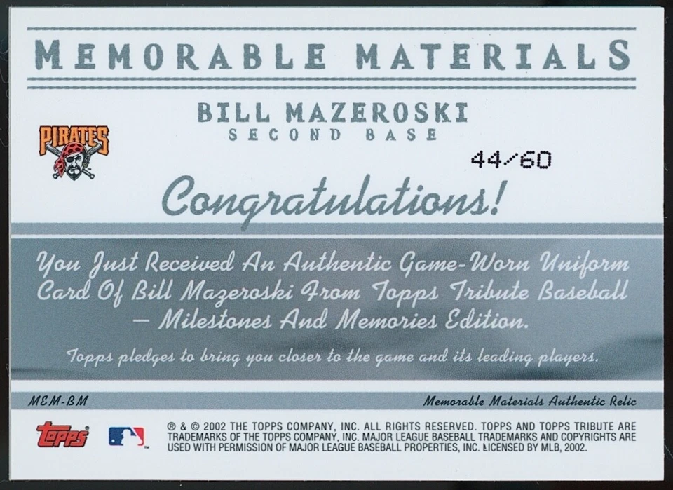 2002 Topps Tribute Memorable Materials Season (Blue) Bill Mazeroski Uni #44/60 - Image 2 of 2