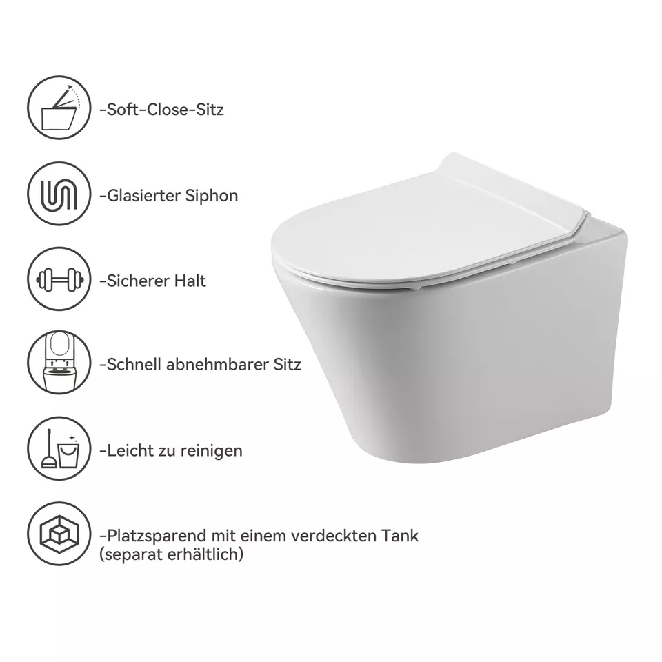 Wand Hänge WC Toilette eckig mit Toilettendeckel und Lotuseffekt Soft-Close sitz - Bild 2 von 4