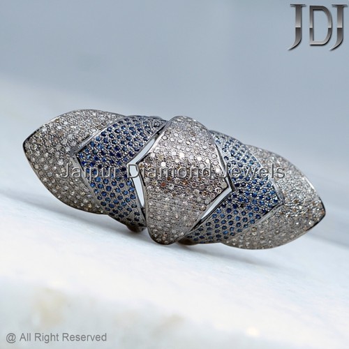 Panzer Schlagring Natur Pave Diamant Blau Saphir Edelstein 925 Silber Ring - Bild 1 von 9