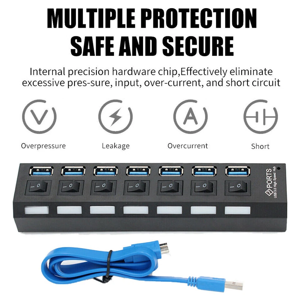 7 Port USB 3.0 Hub Splitter Adapter High Speed Extension For PC Laptop Desktop - Image 3 of 4