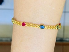 18K Solid Yellow Gold Rope Link Bracelet With Natural Mixed Stones 3.70GM 6.5Inc