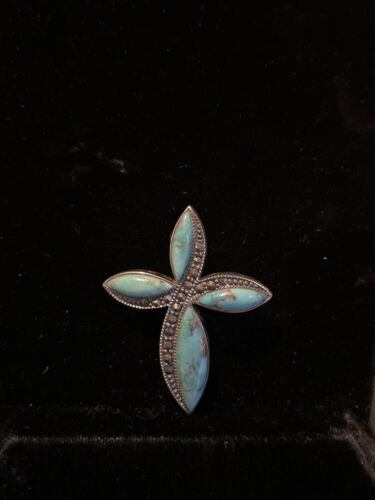Sterling Silver Turquoise And Marcasite Cross Pendant - Picture 2 of 5