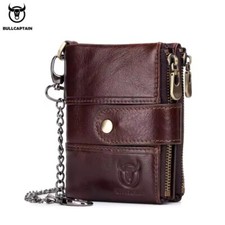 BULLCAPTAIN Genuine Leather RFID Credit Card ID Holder Zipper Mens Wallet chain