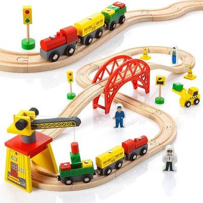 Wooden Train Sets for Boys 2-4-7 – 38 Pcs Wood Train Set for Toddlers w/Cr