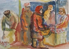 Vintage watercolour painting people on the market portrait
