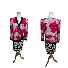 Vtg 80s Flora Kung Silk Dress Peplum Floral Polka Dot Colorful Bold V Neck Sz 6