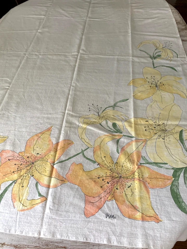 Vtg Vera Neumann Tablecloth Rectangle Orange Yellow Lily Floral 58.5x79” - Image 2 of 4