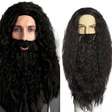 Brown Long Wizard Wig and Beard Set with Mustache - Fluffy Curly Beard Wig Ga...