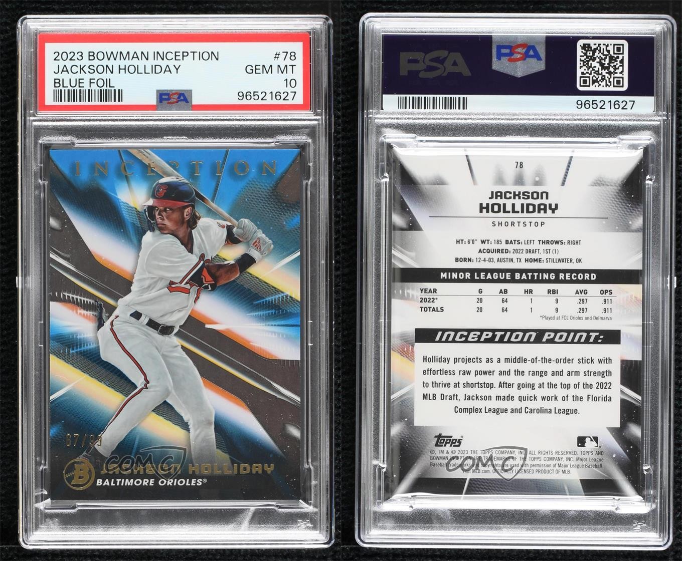2023 Bowman Inception Blue Foil 67/99 Jackson Holliday #78 PSA 10 GEM MT view 3