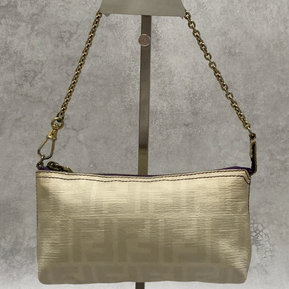 FENDI Hand Shoulder bag Zucca Chain Purse Accessory Pouch PVC Leather Off White - Image 4 of 4