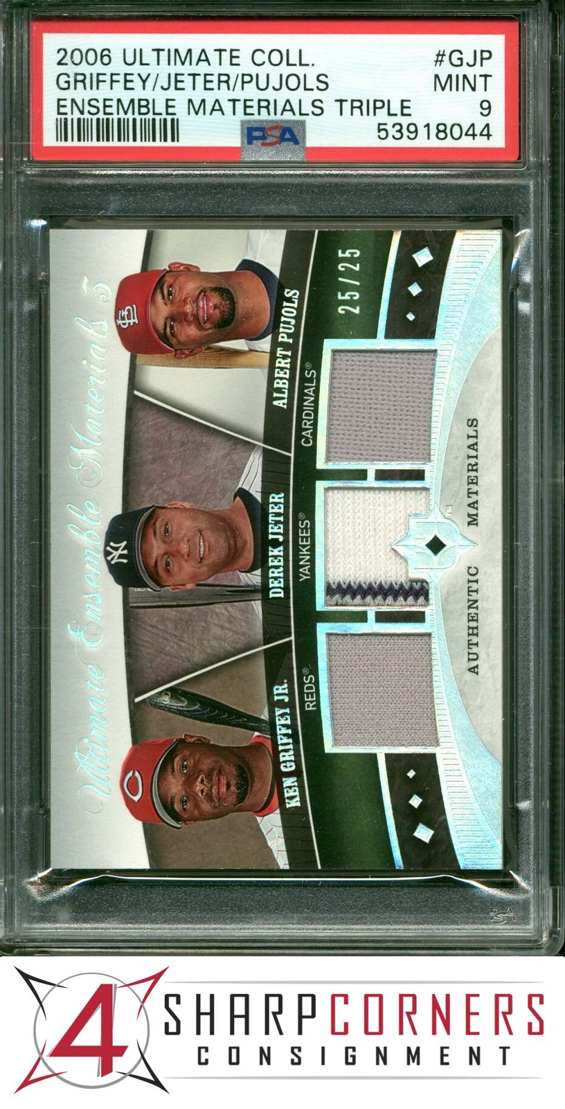 2006 ULTIMATE MATERIALS TRIPLE KEN GRIFFEY-DEREK JETER-ALBERT PUJOLS #/25 PSA 9